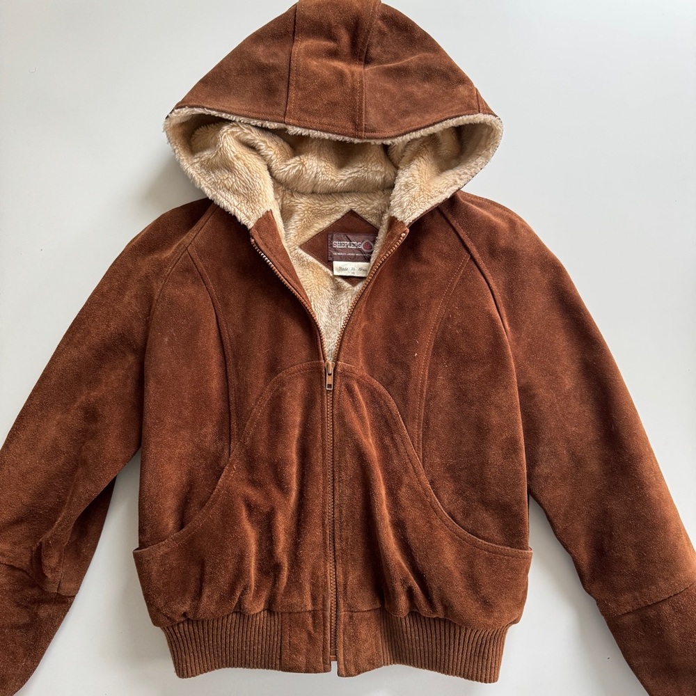 Vintage Sheplers Western Suede Leather Shearling Lined Hooded Jacket Sz 14 / M